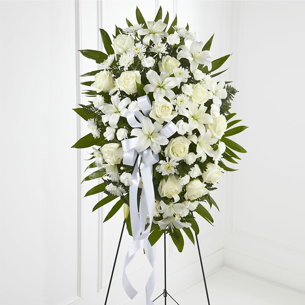 Exquisite Tribute Standing Spray-White Ribbon – MOM'S FLOWERS, Springfield OH